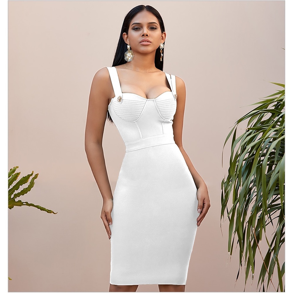 White Sleeveless Embellished Bustier Bandage Bodycon Midi Dress